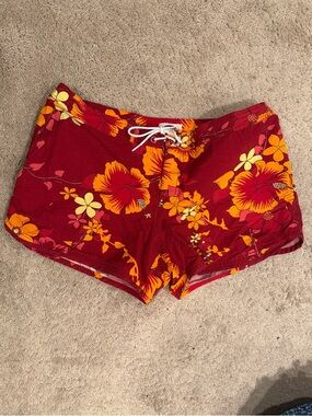 Old Navy Red Boardshorts with Orange & Pink Floral Accents